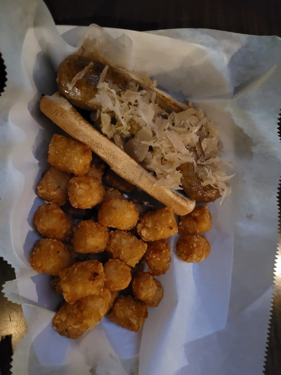 Brat with Tater Tots