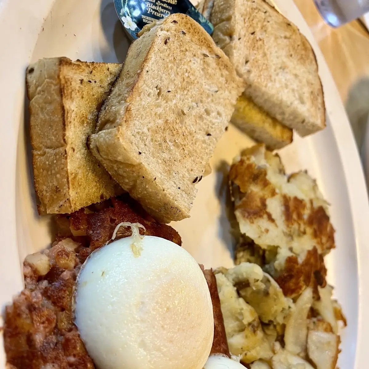 3 Poached Eggs Fresh Fruit Side Turkey Sausage