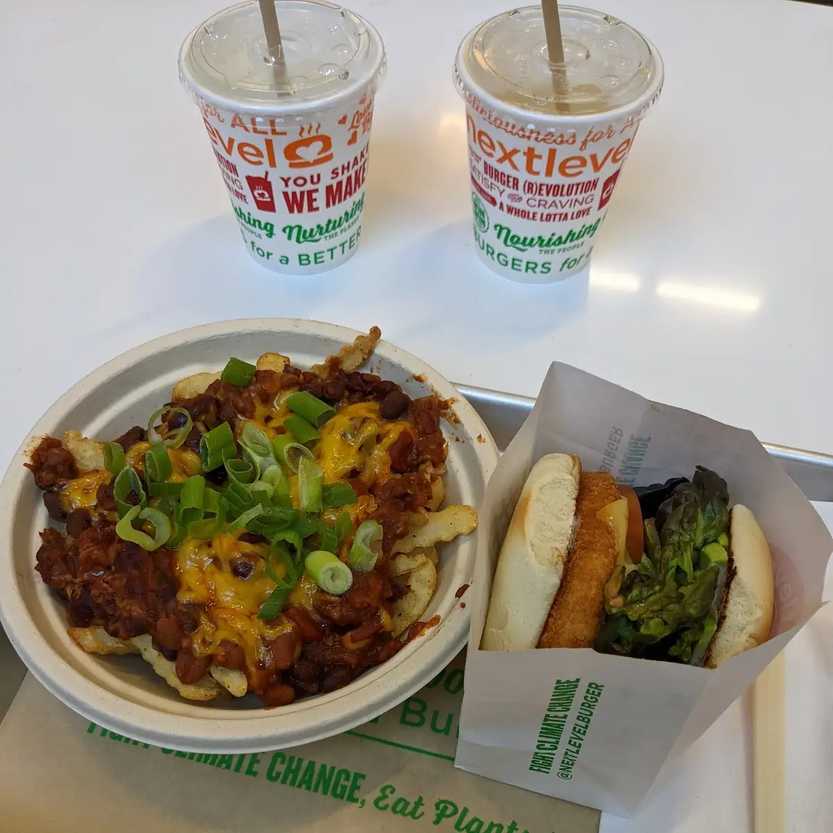 Chili Cheese Fries and Chik'n Burger