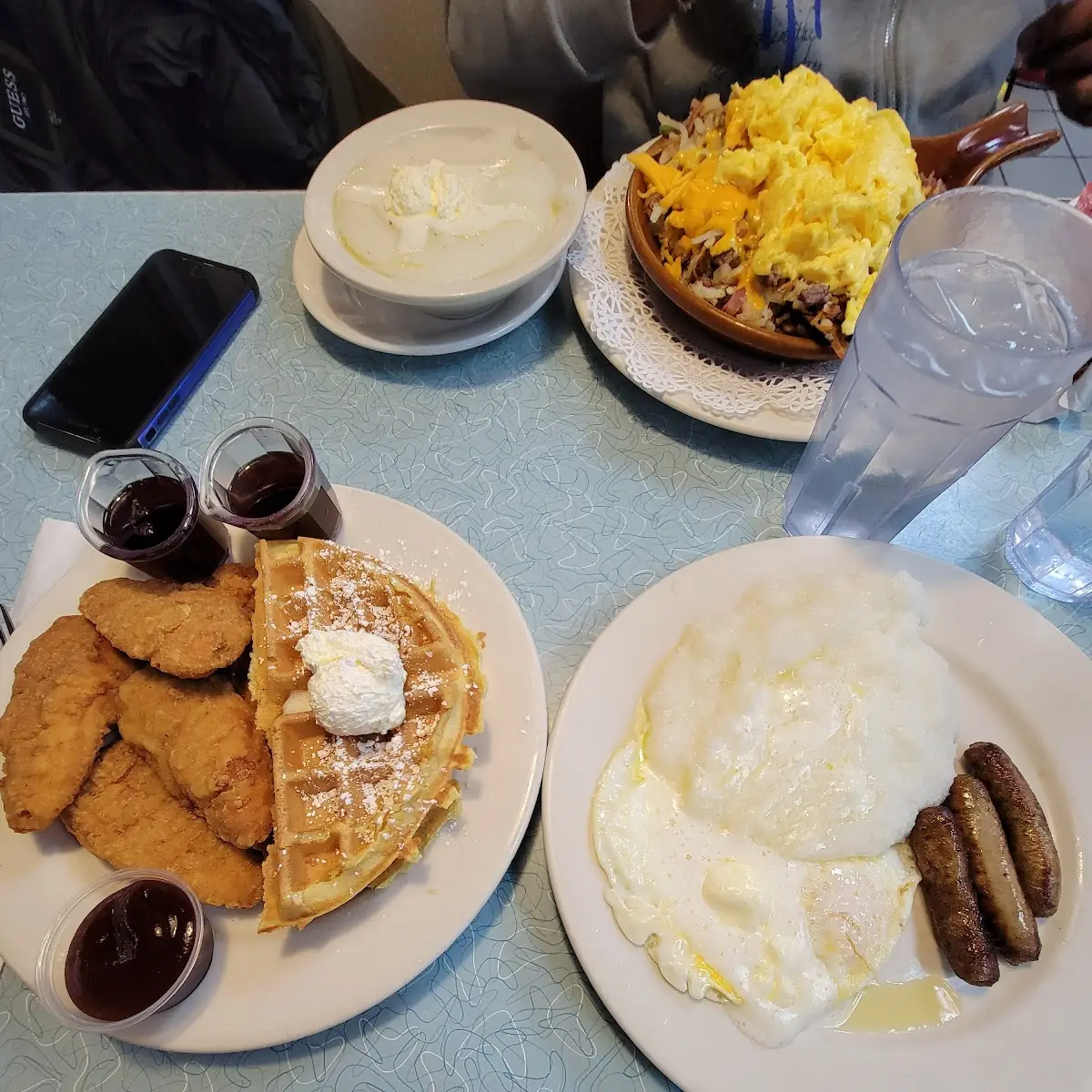 Chicken and Waffles with Eggs and Cheese Grits