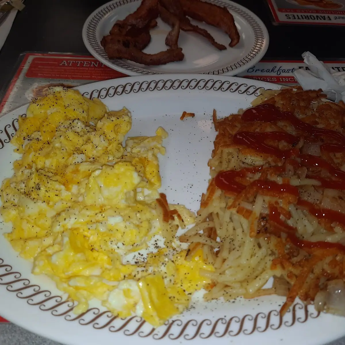 Scrambled Eggs Hashbrowns and Bacon