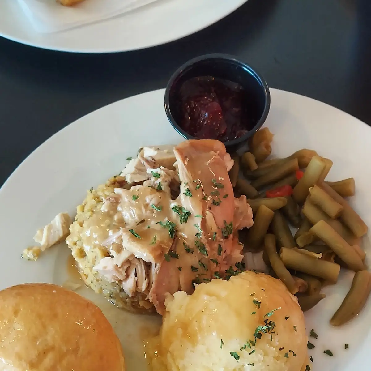 Turkey and Dressing with Mashed Potatoes and Green Beans