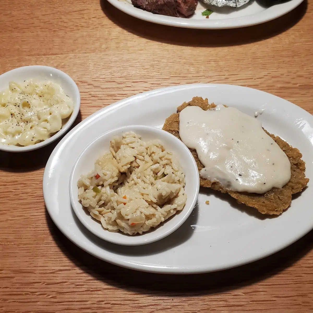 Chicken Fried Steak with Rice and Mac and Cheese