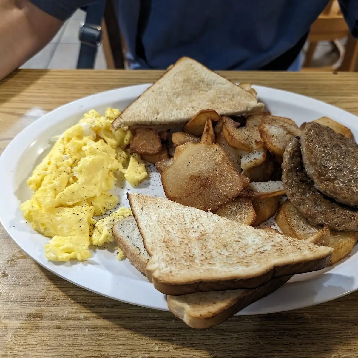 Scrambled Eggs Sausage Hash Browns with Toast