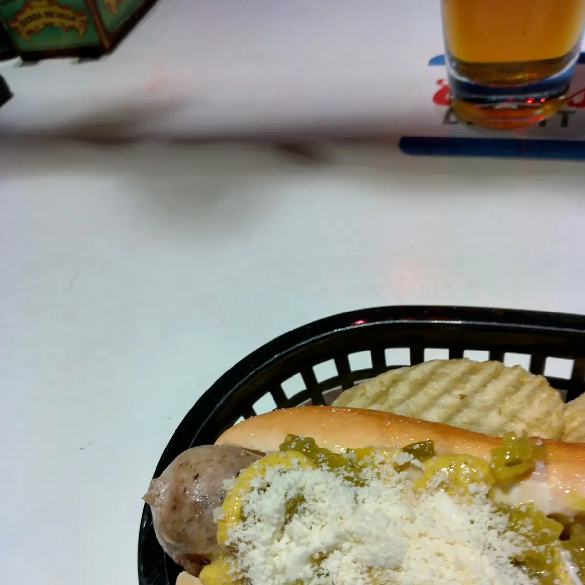 Bratwurst with Chips and a Draft Beer 7