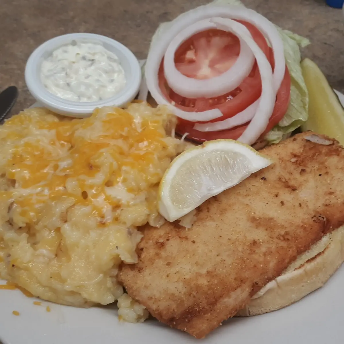 Whitefish Sandwich and Loaded Mashed Potato