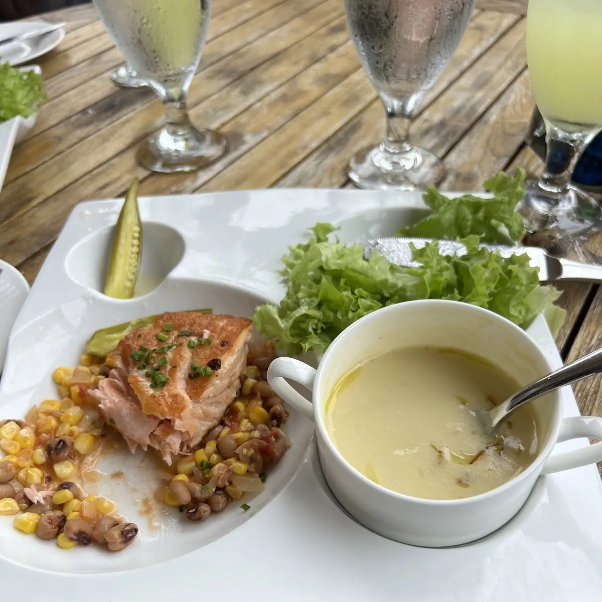Seared Salmon with Leek Soup and Salad