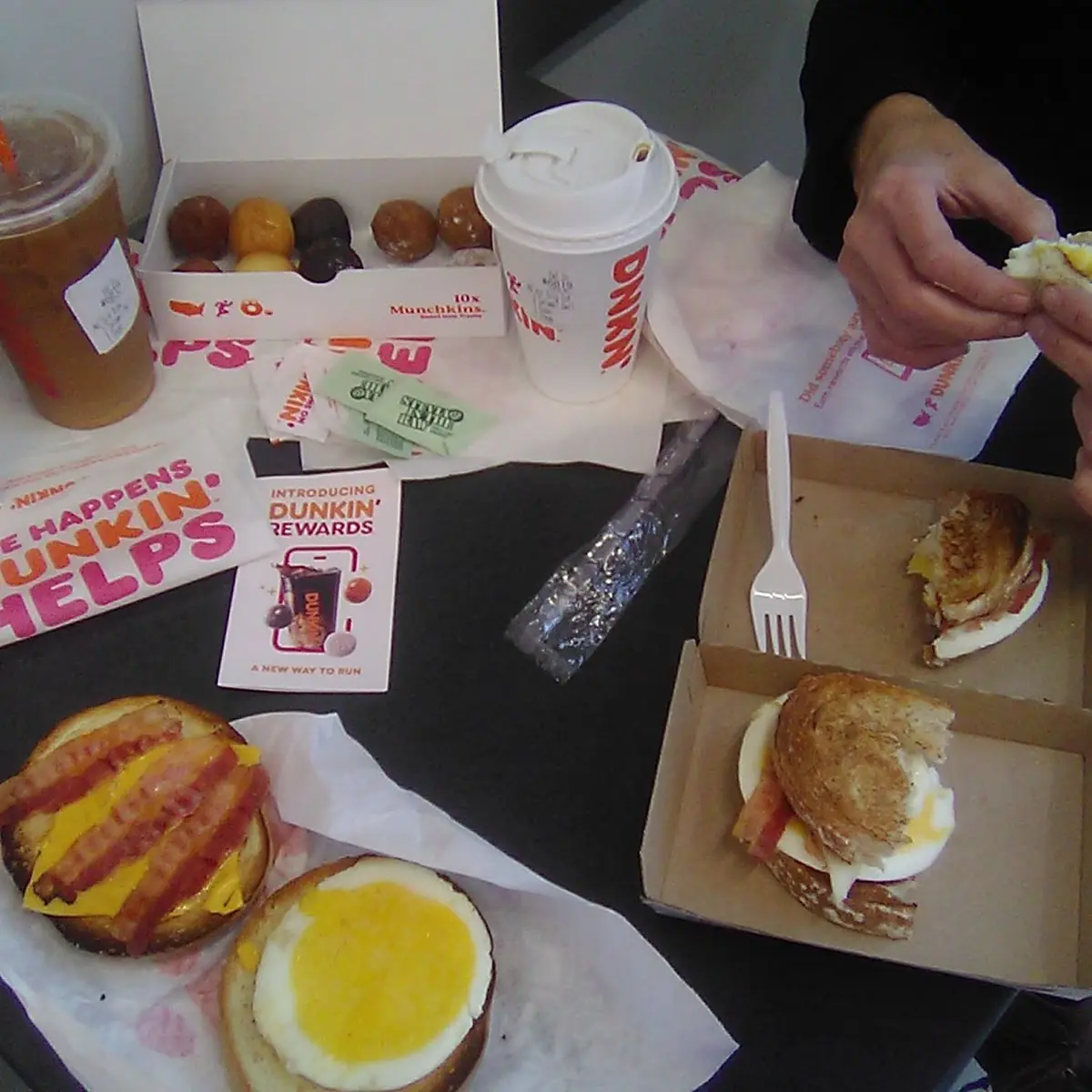 Bacon Egg and Cheese Bagel Munchkins Iced Caramel Latte