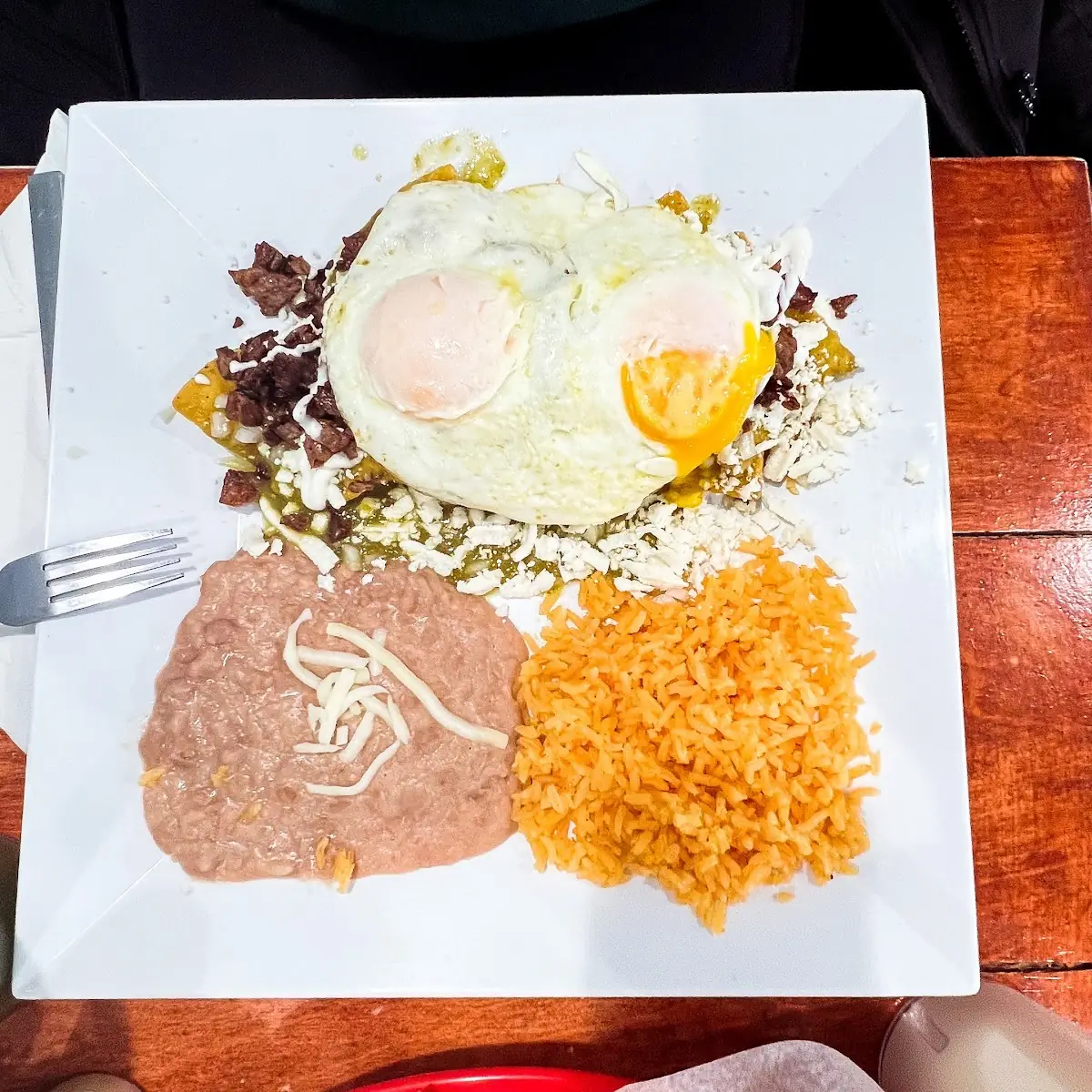 Steak Eggs Rice and Refried Beans