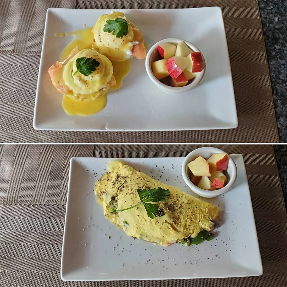 Salmon Eggs Benedict and Veggie Omelette