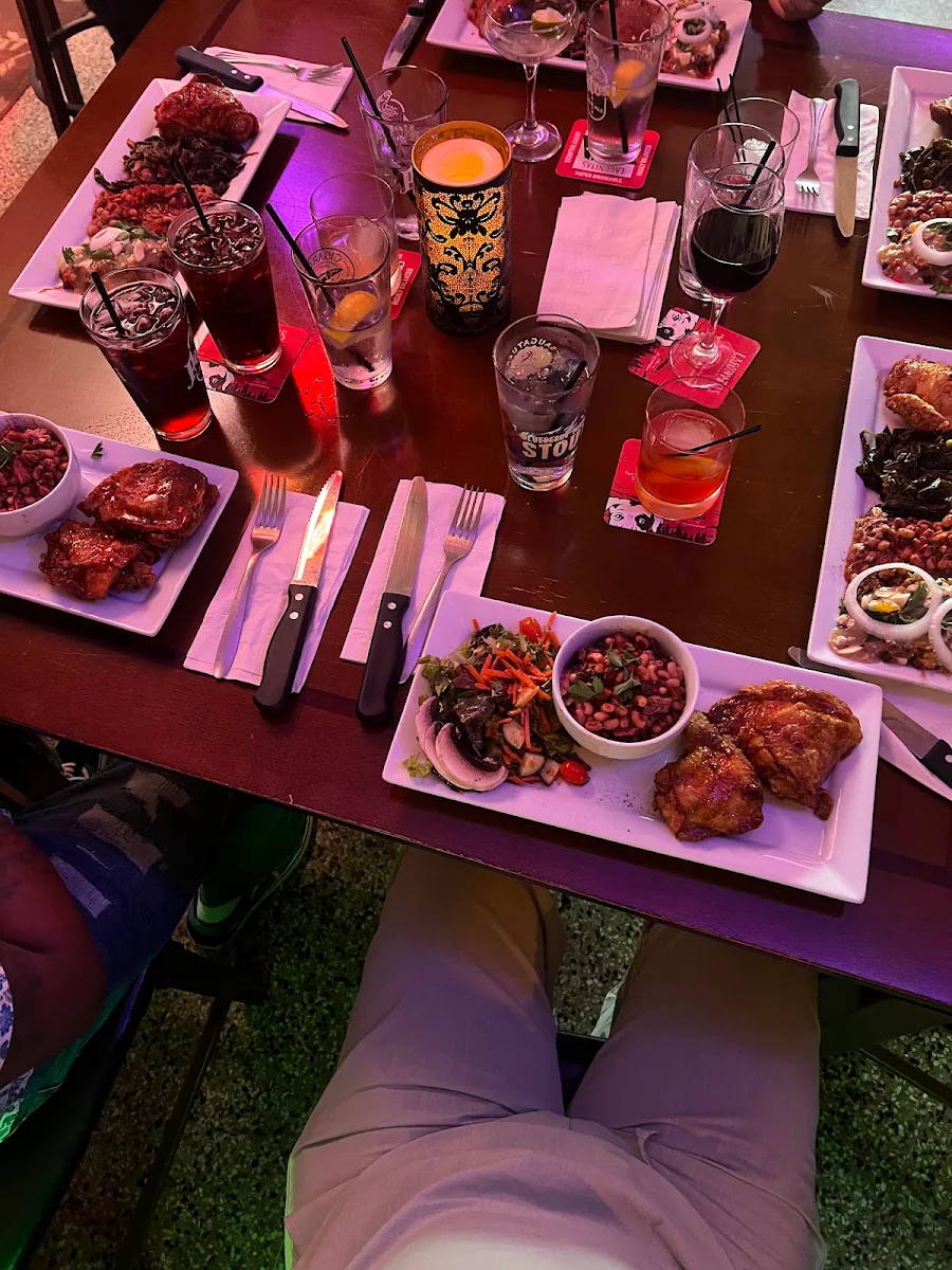 Honey Glazed Chicken Thighs Black Eyed Peas w Brisket Beef and Salad