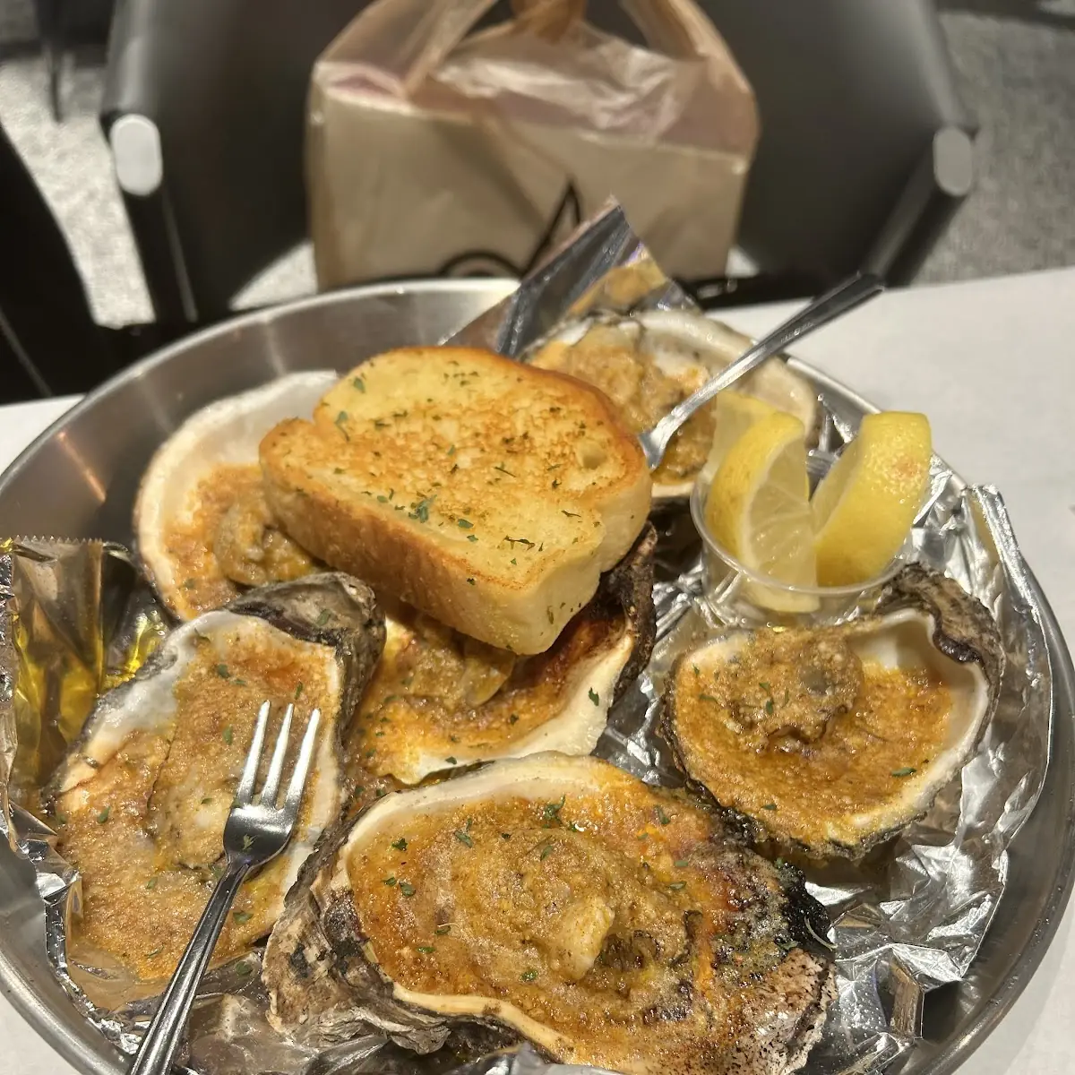 Baked Oysters and Garlic Bread