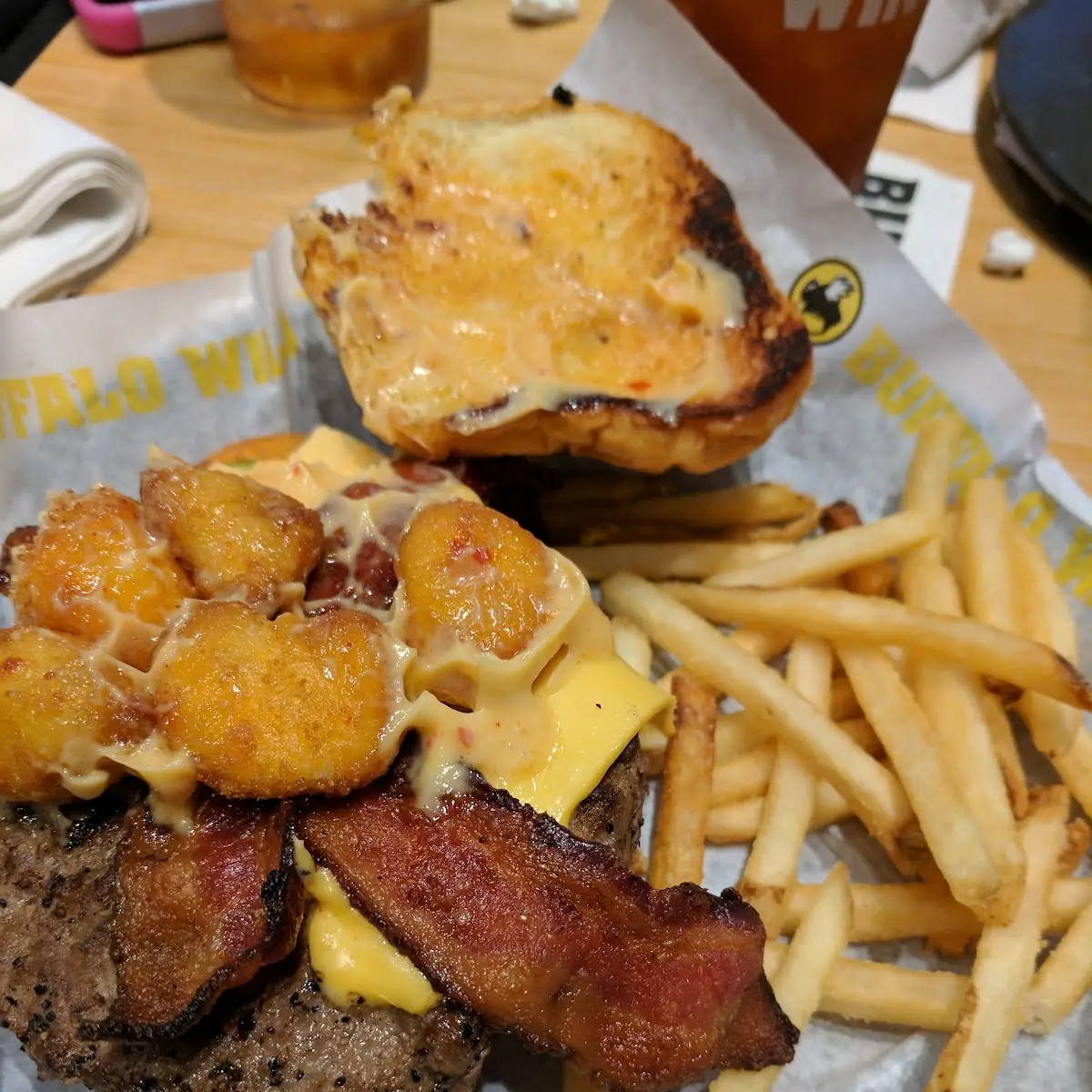 Cheese Curds Bacon Burger and Fries