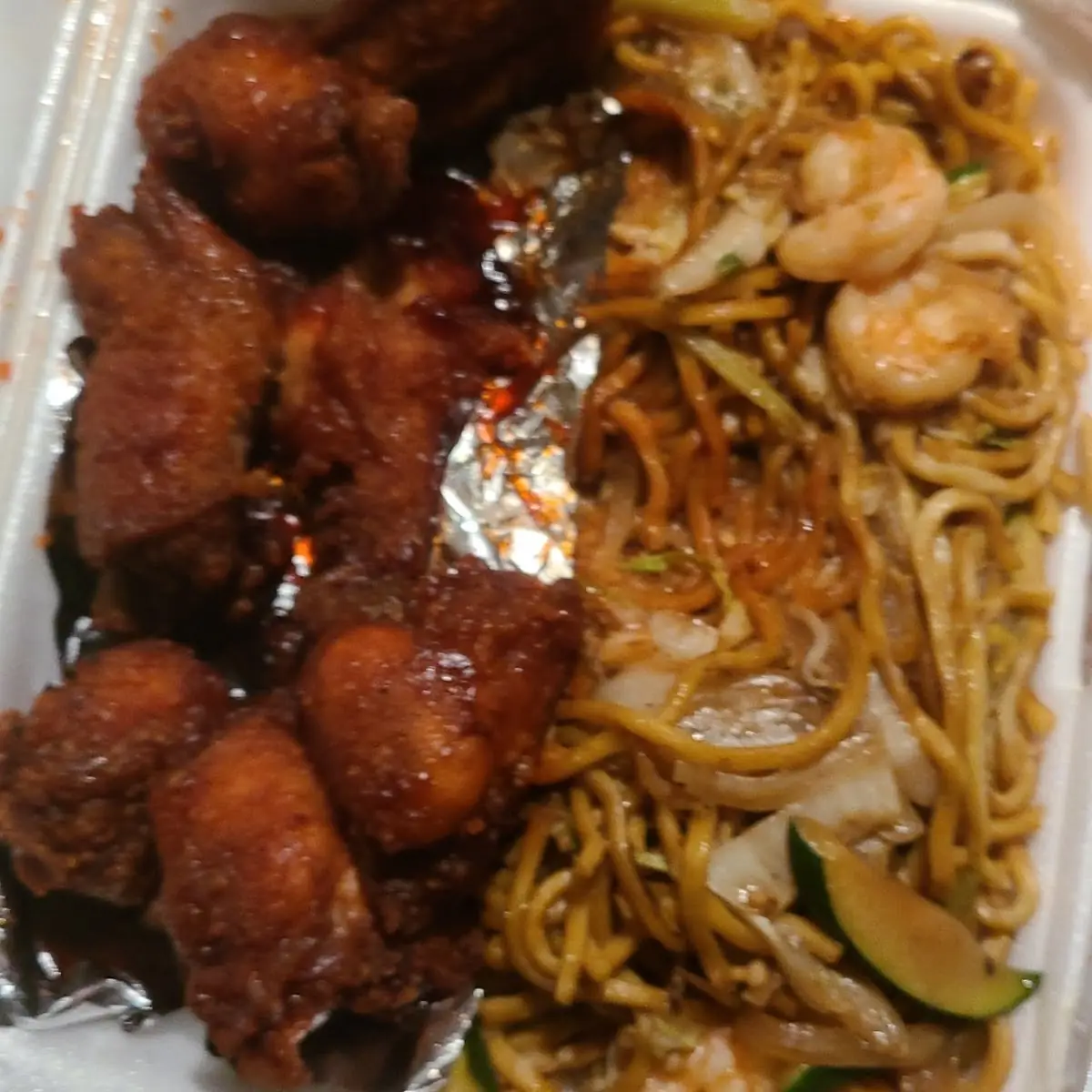 Shrimp Lo Mein and Wings