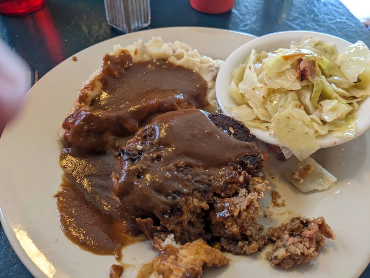 Grilled Meat Loaf with Mashed Potatoes and Cabbage