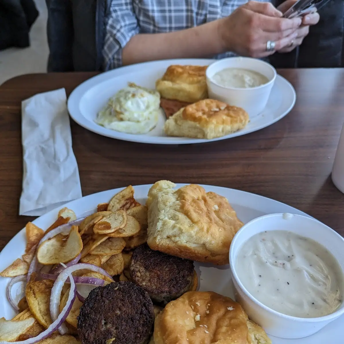 Two Eggs Biscuits and Gravy with Sausage Bacon or Ham