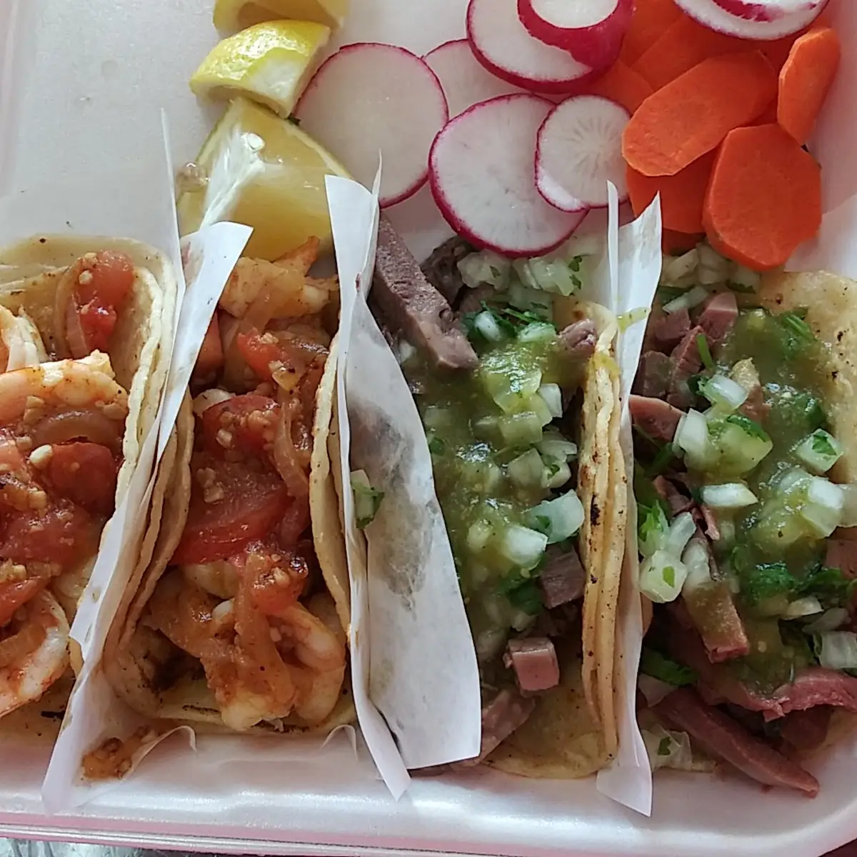 Lengua Tacos and Shrimp Tacos