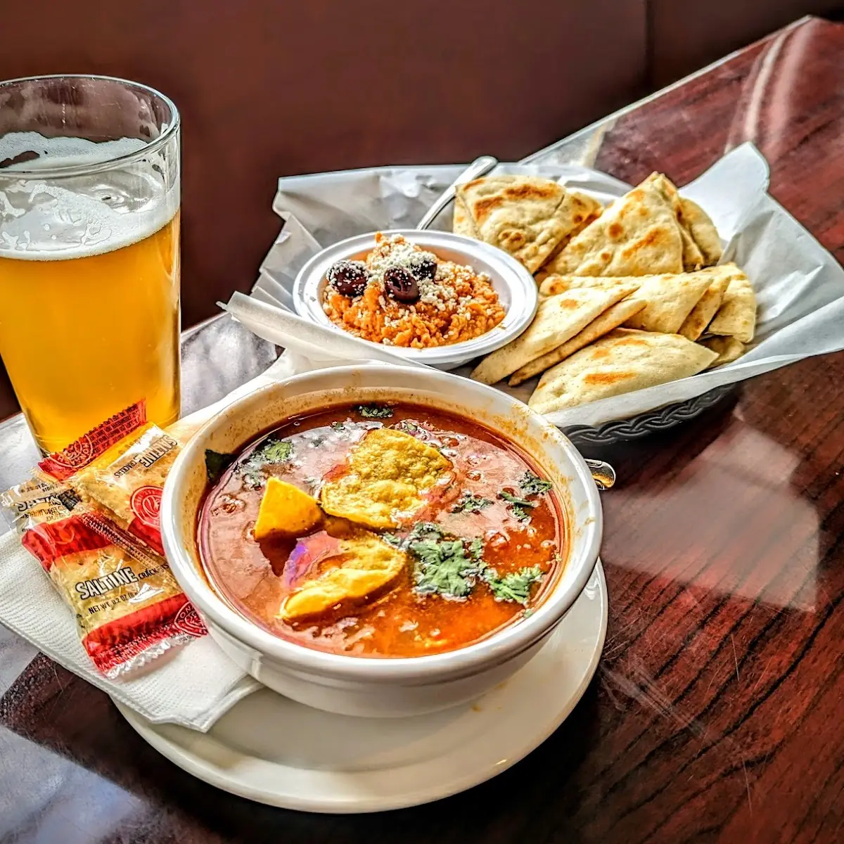 Tortilla Soup with Red Pepper Hummus Appetizer