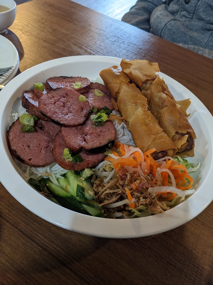 V6 Veggie Marinated Grilled Pork Sausage and Spring Rolls Vermicelli Bowl, Pho 777 Vietnamese Restaurant Langley