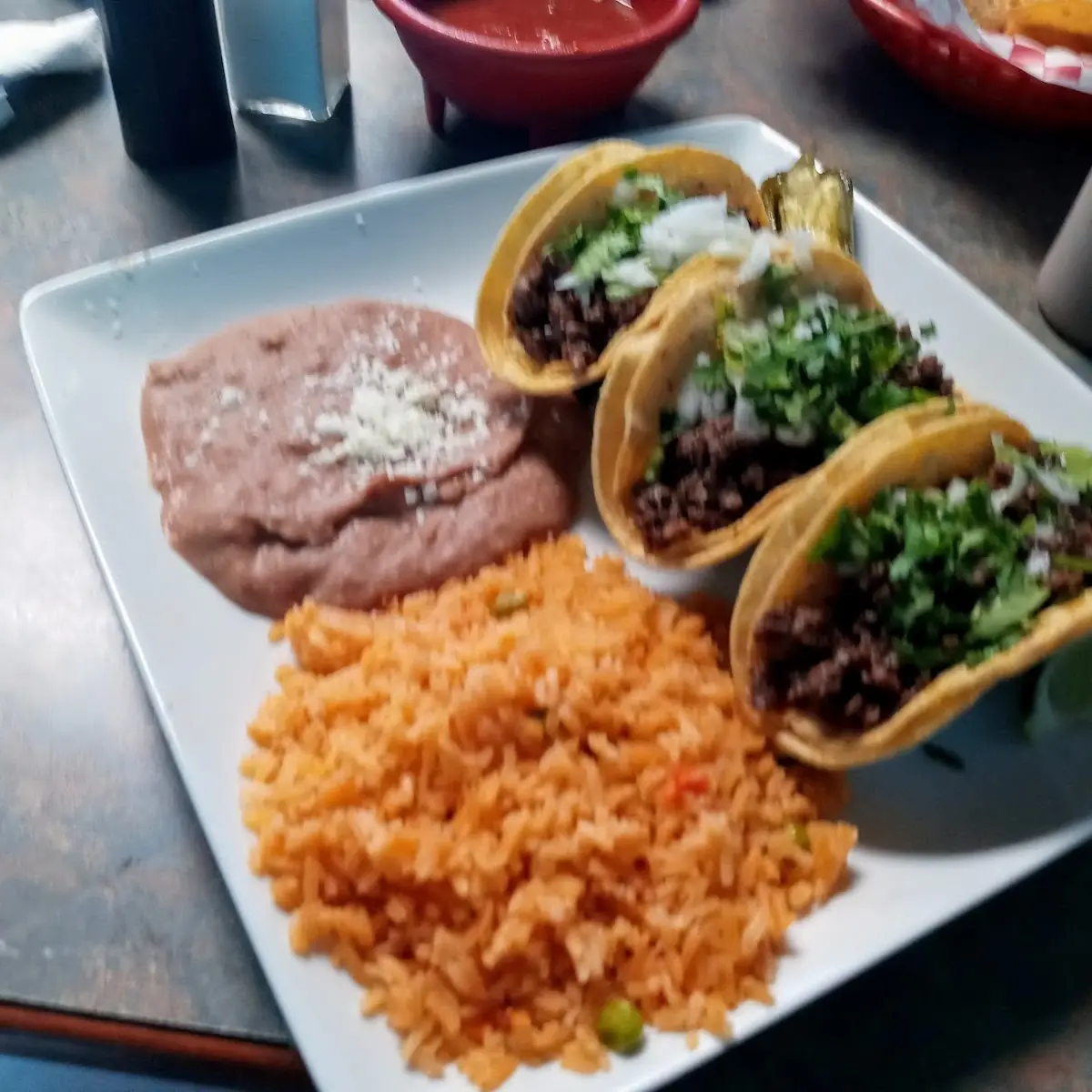 Carnitas Tacos Rice and Beans