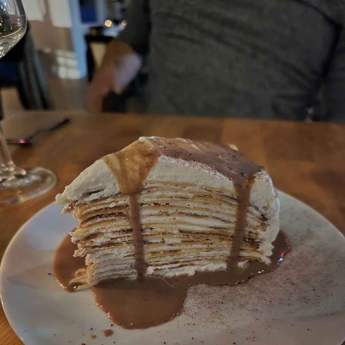 Vanilla Crepe Cake Drizzled in Chocolate