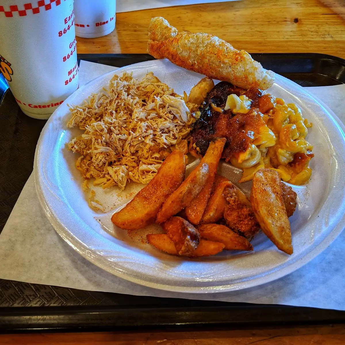 Pulled Chicken Mac & Cheese Potato Wedges and Pork Rinds