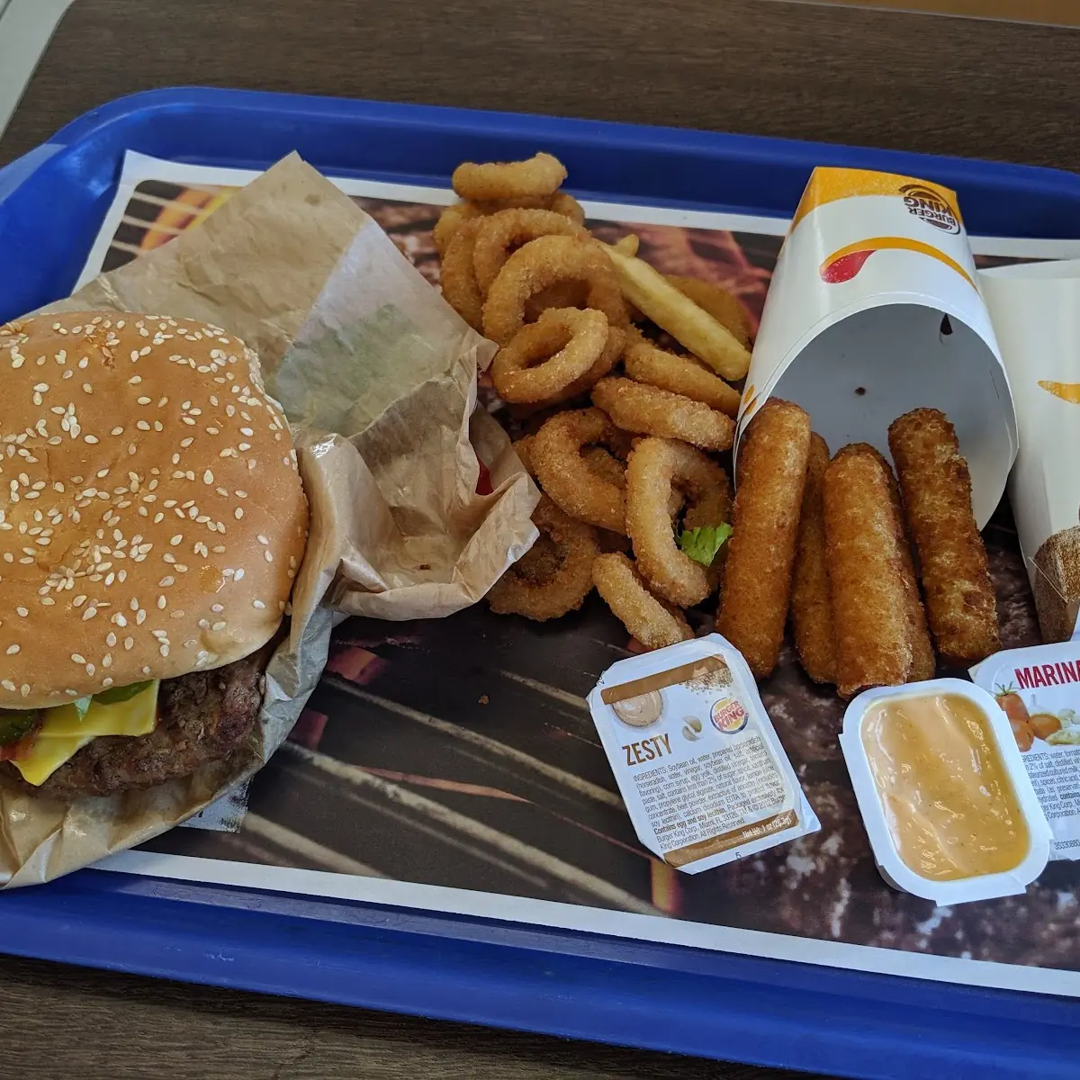 Whopper w Cheese Onion Rings Mozzarella Sticks