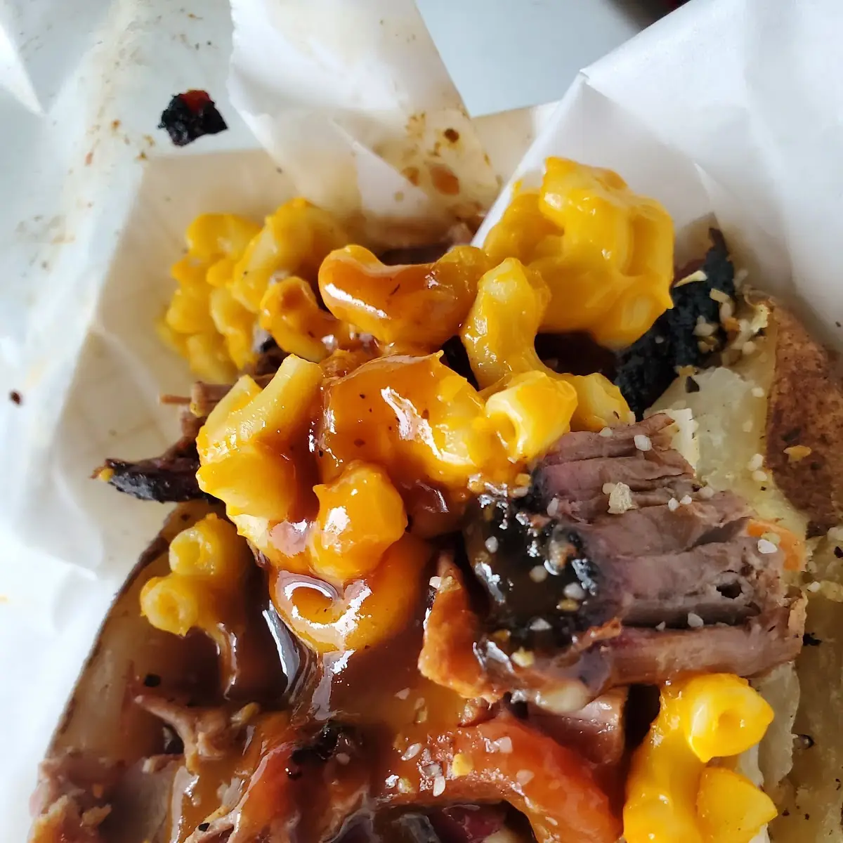 Baked Potato with Beef Brisket and Mac N Cheese