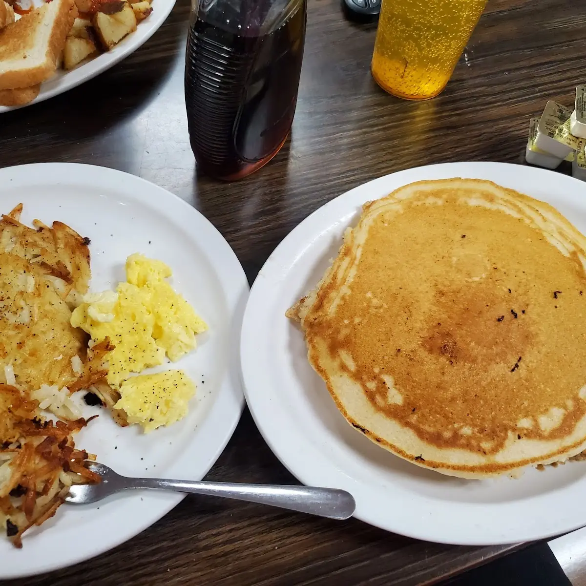 Pancakes Hashbrowns and Eggs