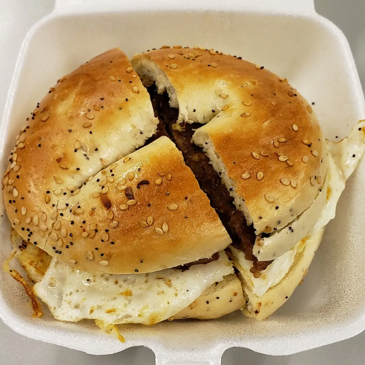Everything Bagel with an Egg and Sausage