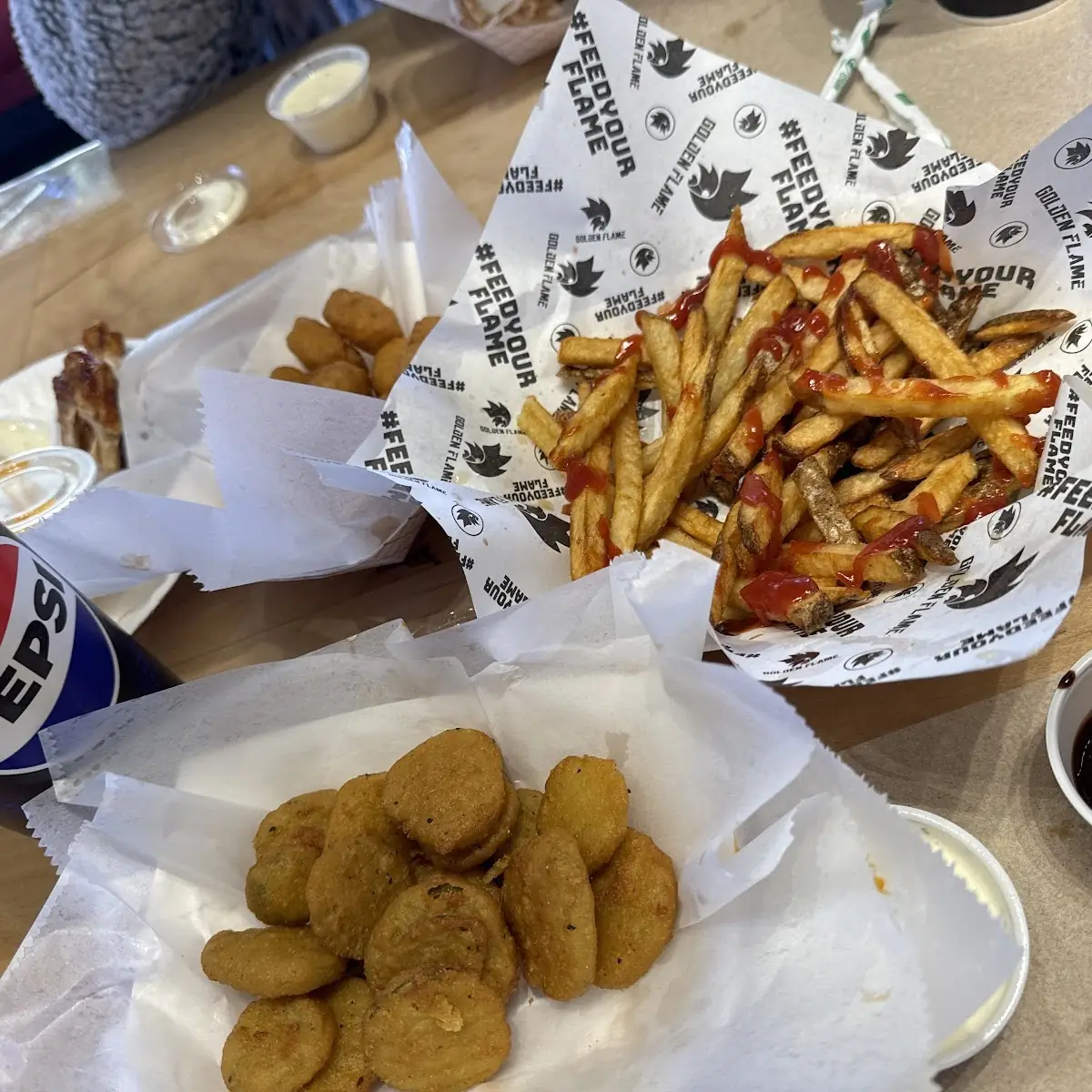 French Fries Fried Pickles Boneless Buffalo Wings Funnel Cake