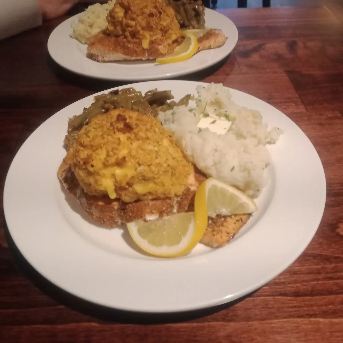 Stuffed Salmon with Mashed Potatoes and Green Beans