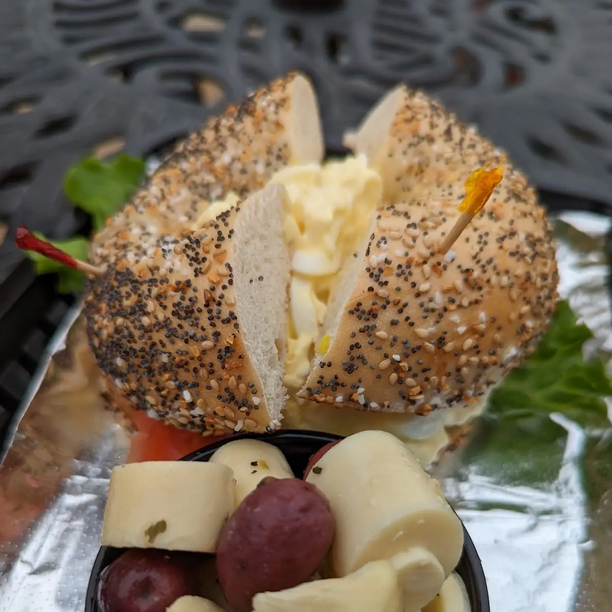 Egg Salad on Everything Bagel with Artichoke Salad