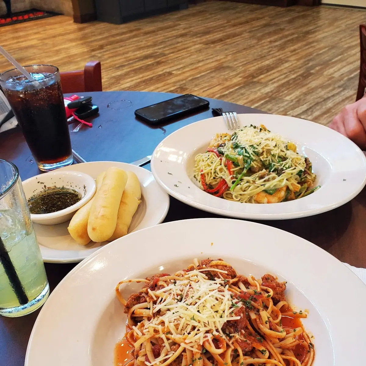 Spaghetti Bolognese and Shrimp Diablo