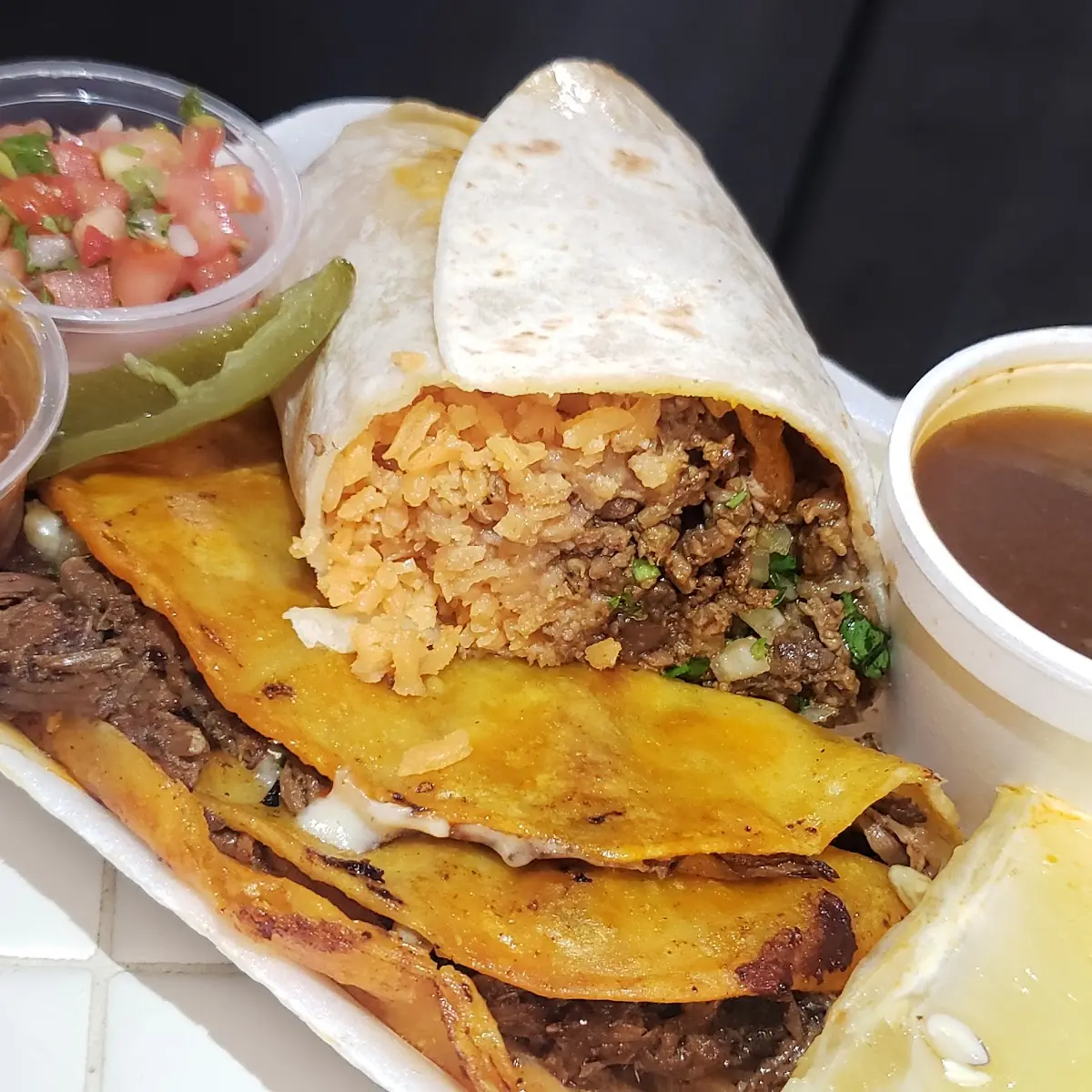 Asada Burrito with Birria Red Tacos