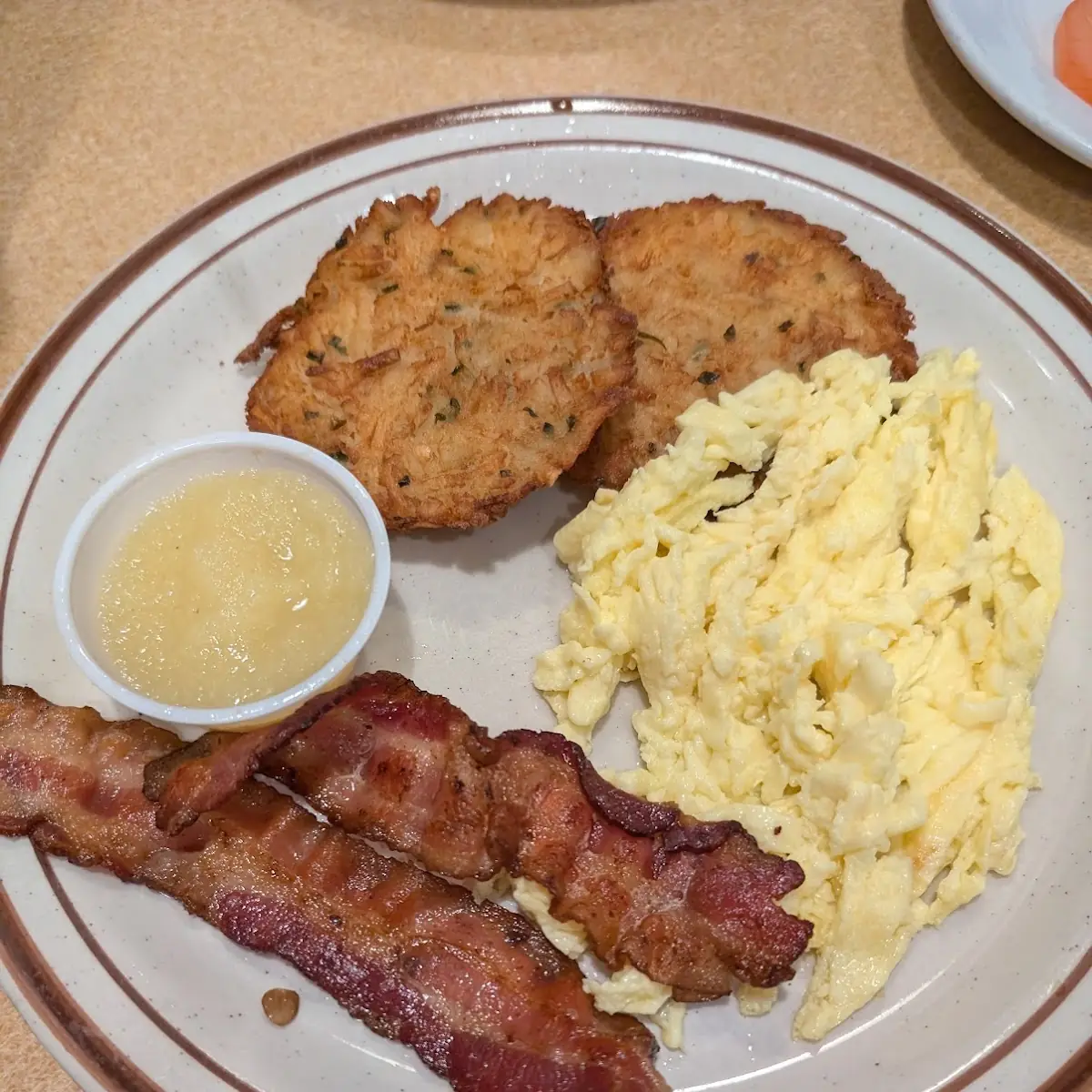 Potato Pancakes Eggs Bacon and Applesauce