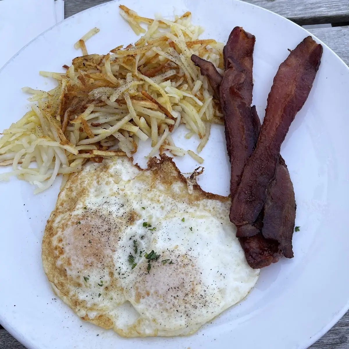 Eggs over Fried Bacon Hash Browns