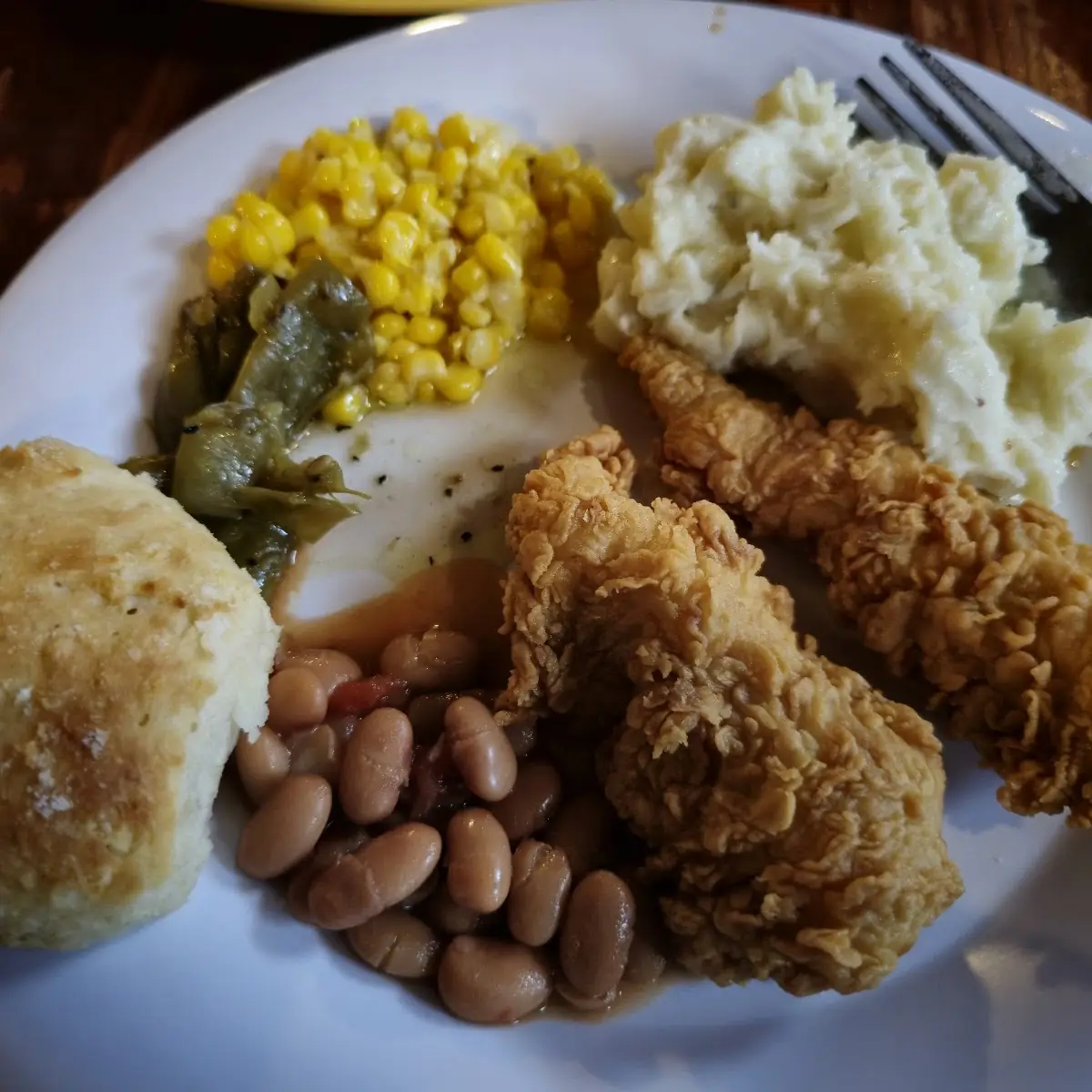 Fried Chicken Corn Mashed Potatoes and Pinto Beans
