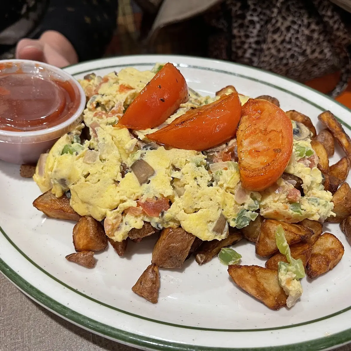 Diced Potatoes with Scrambled Eggs with Veggies and Salsa on the Side