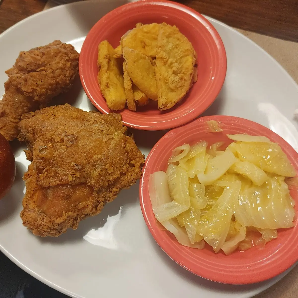 Fried Chicken Fried Squash and Boiled Cabbage