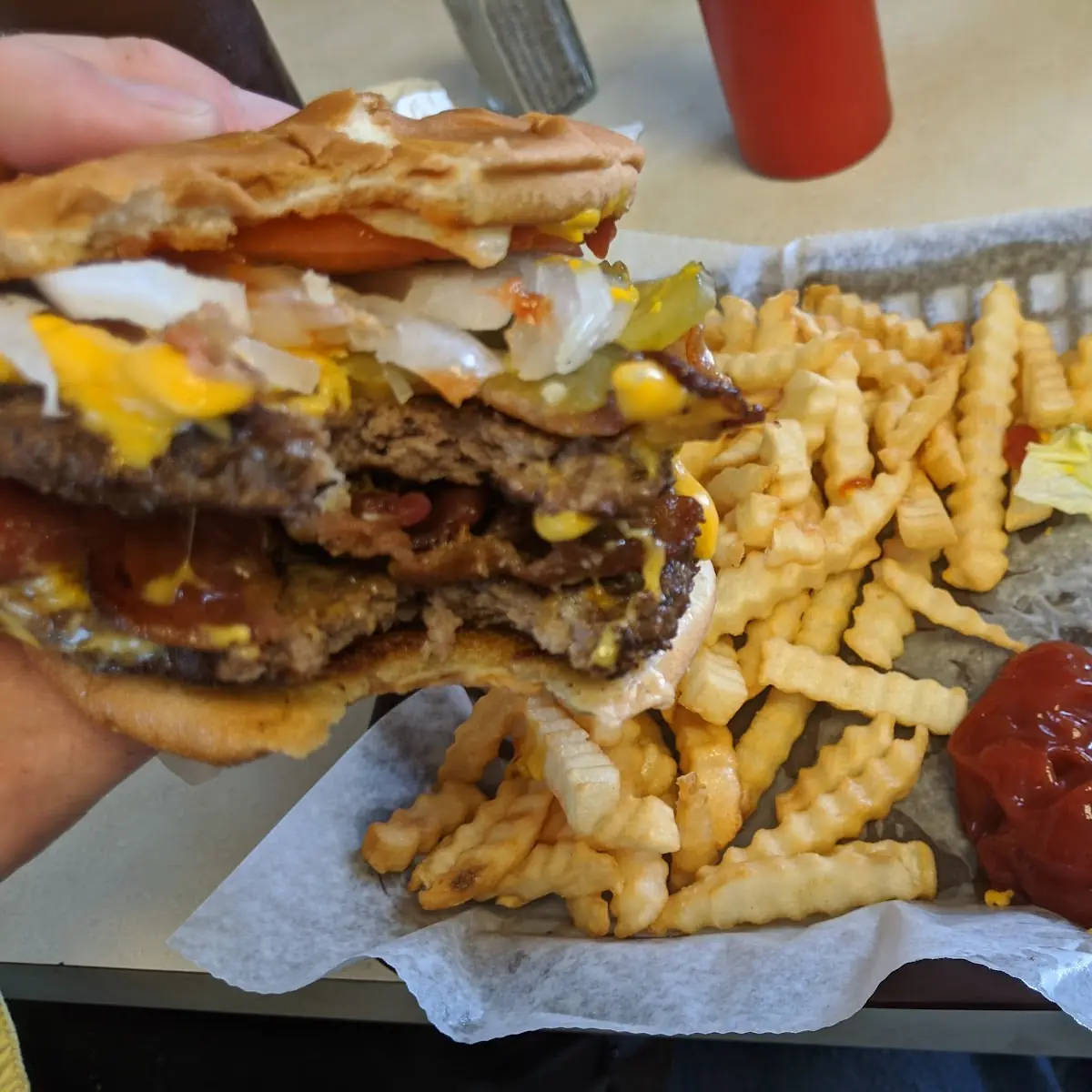 Double Bacon Cheeseburger and French Fries
