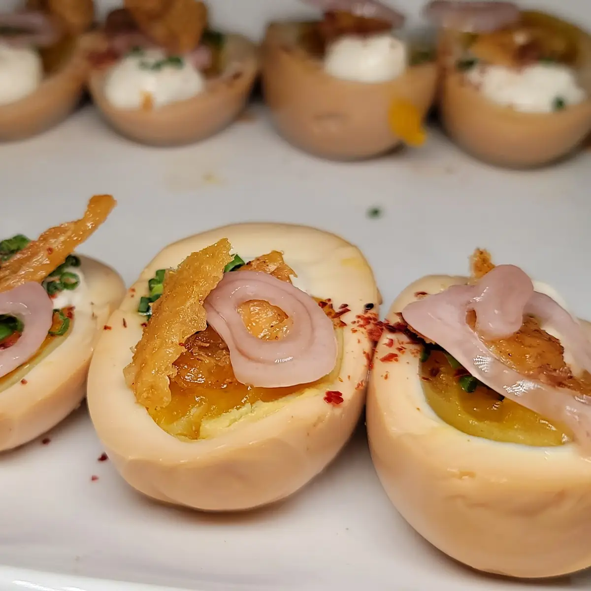 Soy Deviled Eggs with Chicken Cracklin'