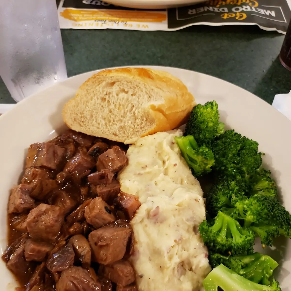 Beef Tips with Mushroom Gravy Mashed Potatoes and Broccoli