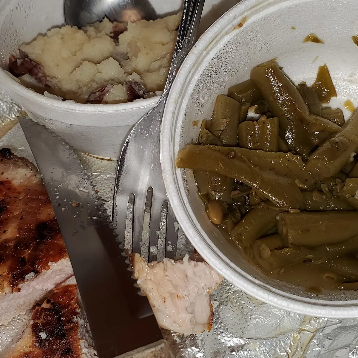 Pork Chops with Smashed Red Potatoes and Green Beans