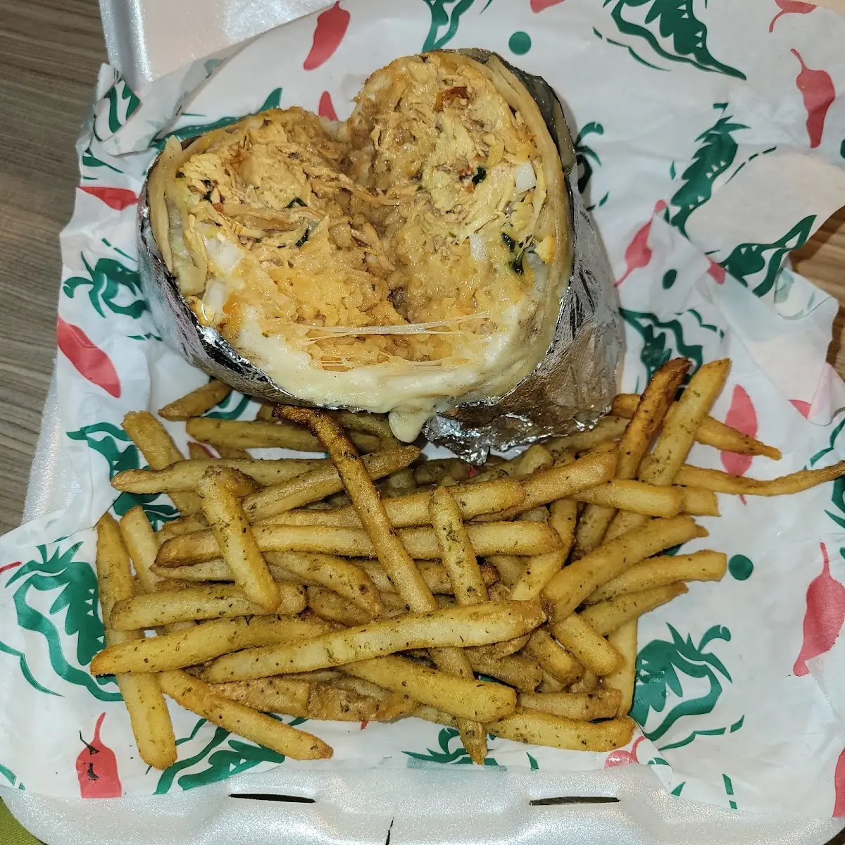 Chicken Burrito and Fries
