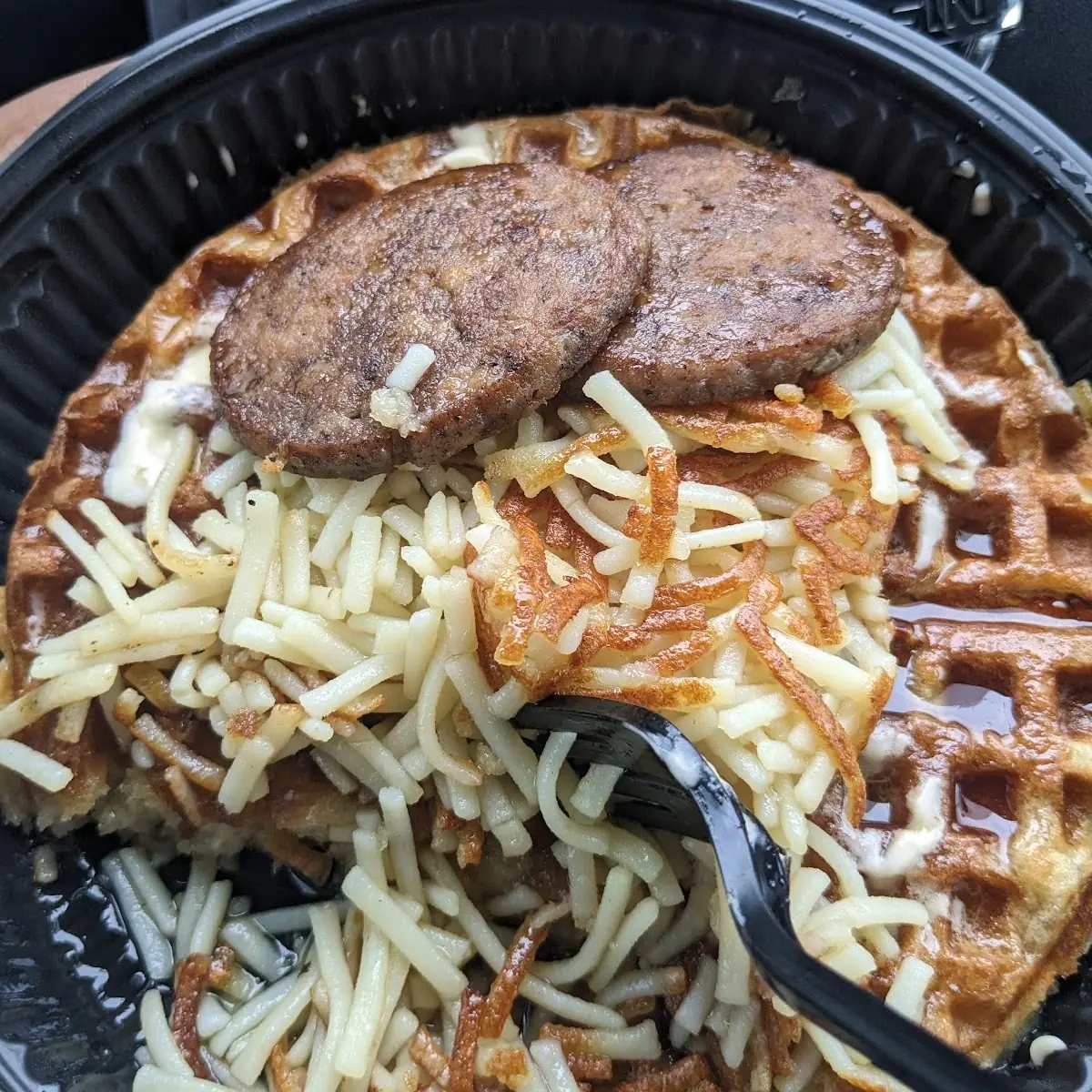 Pecan Waffle and Hash Browns and Sausage