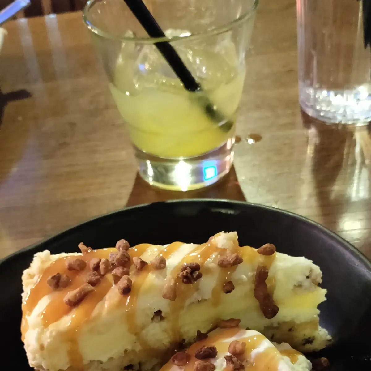 Cinnabon Cheesecake with Vanilla Crunch Cake Slice with Caramel Sauce& Candied Pecans
