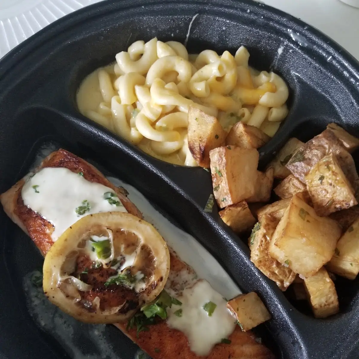 Salmon Roasted Potatoes and Mac and Cheese