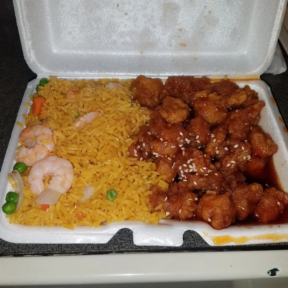 Sesame Chicken with Shrimp Fried Rice