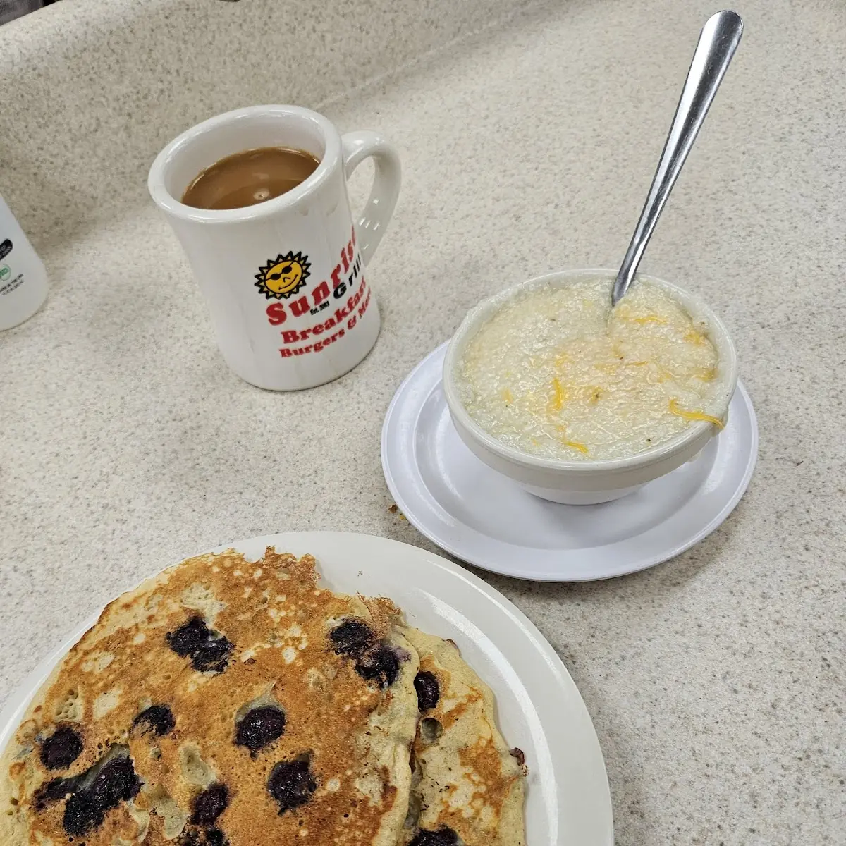 Blueberry Pancakes and Cheese Grits